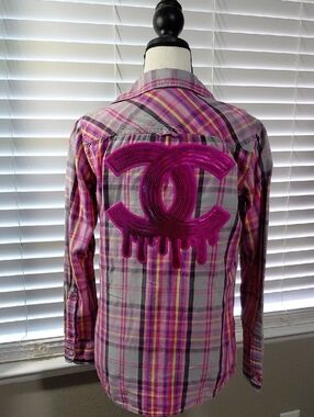 Upcycled Pink Plaid Shirt with Sequined CC Patches Size Small